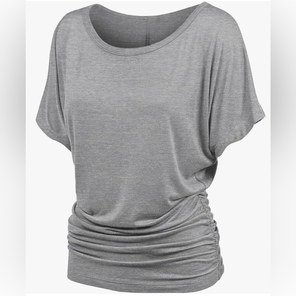 Casual Solid Short Sleeve Boat Neck Dolman Top with Side Shirring -heather grey